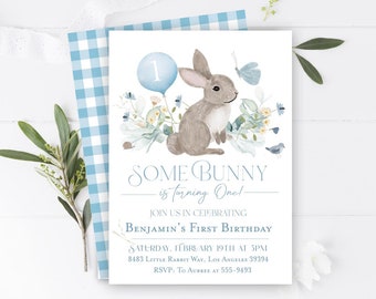 Editable Bunny First birthday invitation, Boy Blue Some bunny is turning one invitation, Rabbit 1st birthday invite, Wildflowers download