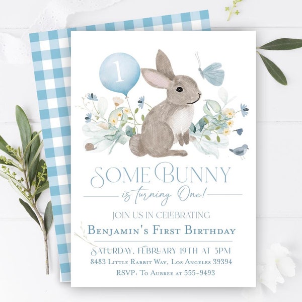 Editable Bunny First birthday invitation, Boy Blue Some bunny is turning one invitation, Rabbit 1st birthday invite, Wildflowers download