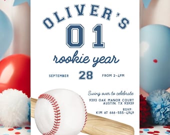 Baseball 1st birthday invitation, Baseball birthday invitation rookie year, Baseball first birthday invite printable editable instant