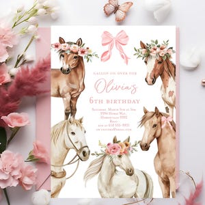 Horse birthday party invitation, Girl horse invitation Farm Equestrian birthday party invite Saddle Bow Flowers, Pony party invitation,