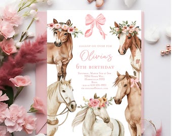 Horse birthday party invitation, Girl horse invitation Farm Equestrian birthday party invite Saddle Bow Flowers, Pony party invitation,
