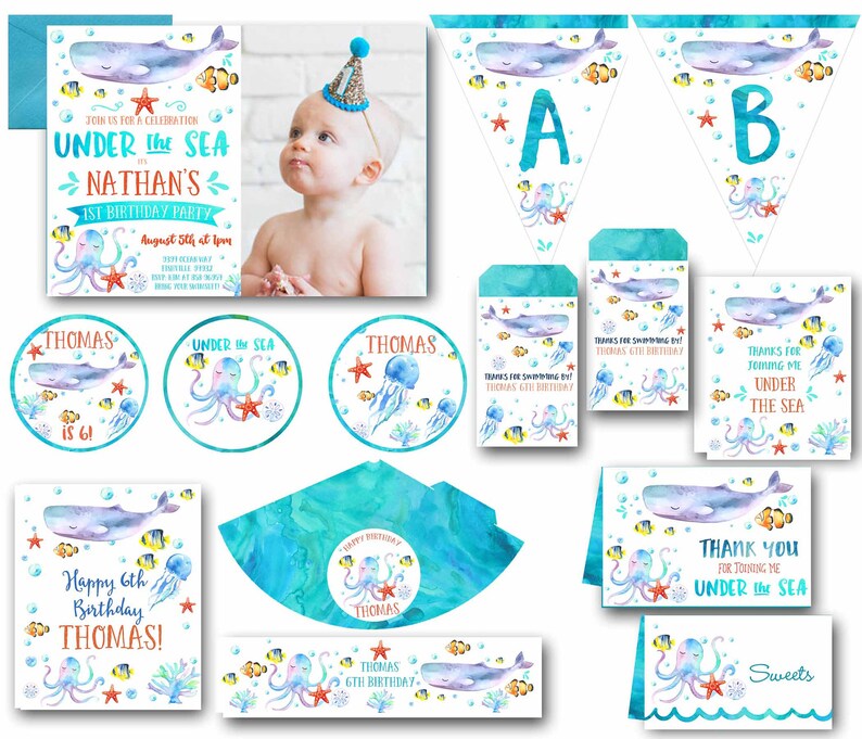 UNDER THE SEA Birthday party invitation Under the sea birthday printables invitation party pack Banner Sign Hat Cupcake Toppers more