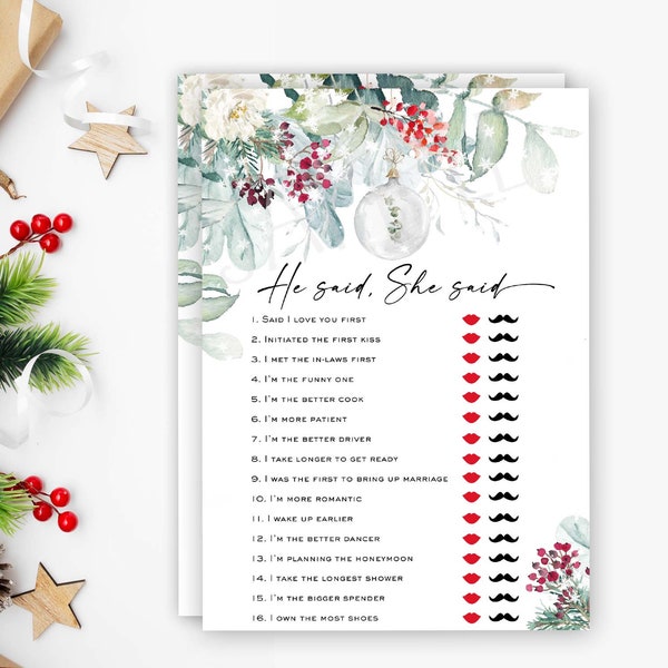 Winter bridal shower game He said She said, Christmas bridal shower game, Winter greenery red berries watercolor, Ornament game, pine trees