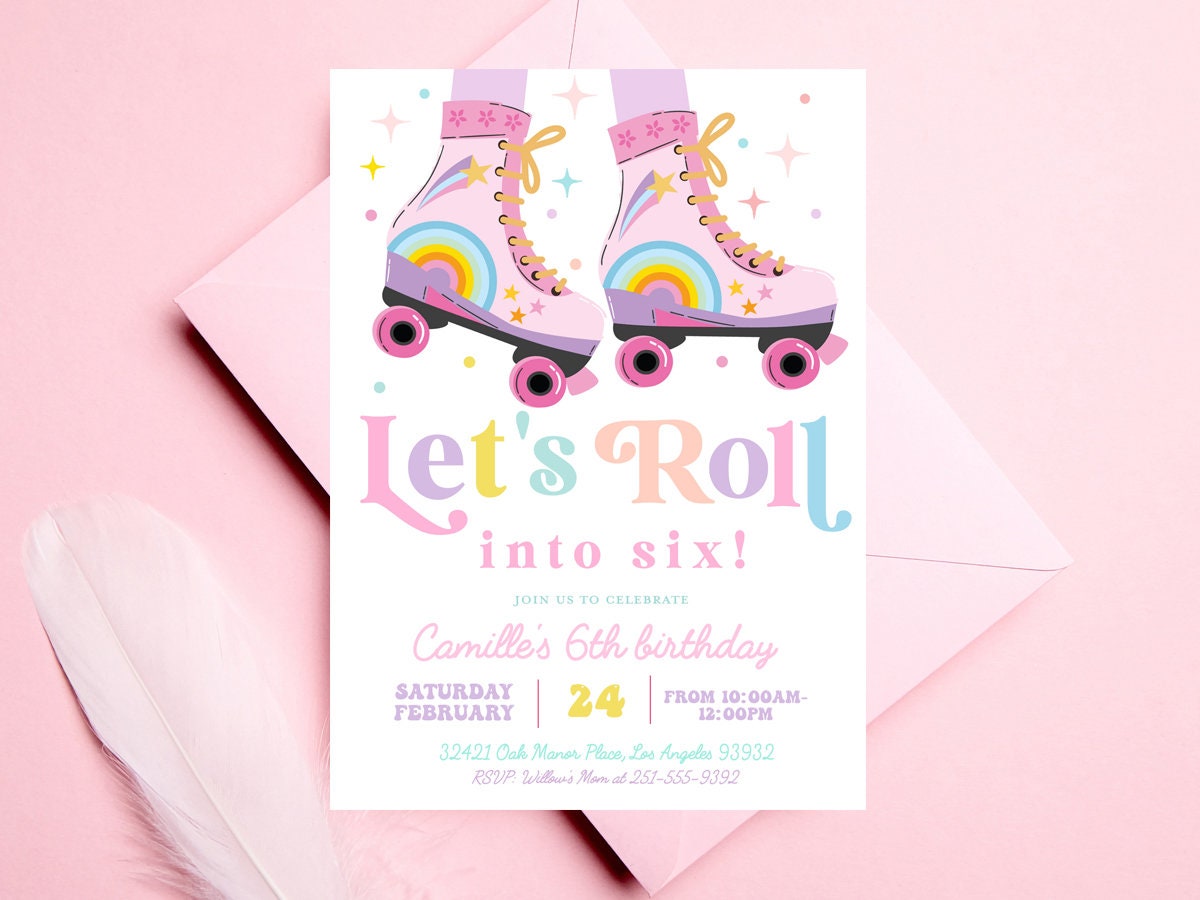 Roller Skate Birthday Party Invitation, Roller Skate Birthday Invite,  Rollerblade Skate Rink Birthday Girl Retro Rainbow 4th 5th 6th 7th 8th -  Etsy, image size:1200x900