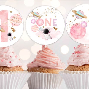 FIRST TRIP around the sun birthday party decorations, Pink OUTER space first birthday girl astronaut, Pink space cupcake toppers planets