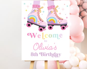 Roller skate birthday party welcome sign, Skate party poster with name, Rollerblade Skating rink party decorations girl pink rainbow party