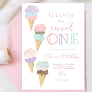 May include: A pink and white invitation with the text "Olivia is a sweet one" and a graphic of ice cream cones. The invitation includes details for Olivia's 1st birthday party.