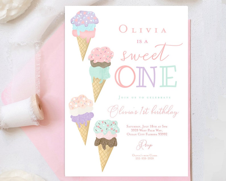 May include: A pink and white invitation with the text "Olivia is a sweet one" and a graphic of ice cream cones. The invitation includes details for Olivia's 1st birthday party.