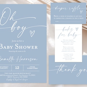 Oh Boy Baby Shower Invitación Dusty Boy Baby Shower Editable DIY Baby Shower Invitación, Boleto de rifa de pañales minimalista gracias libro de tarjetas