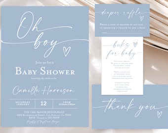 Oh Boy Baby Shower Invitation Dusty Boy Baby Shower Editable DIY Baby Shower Invitation, Minimalist Diaper raffle ticket thank you card book