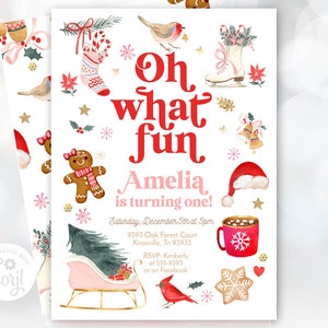 Editable OH WHAT FUN birthday party invitation girl, Pink Christmas birthday invitation retro, Winter sleigh Gingerbread hot chocolate cocoa