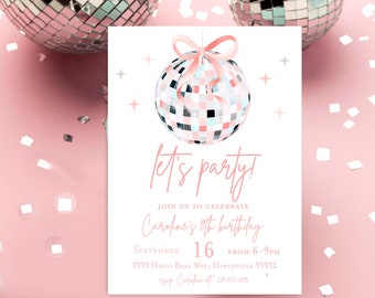 Disco ball birthday invitation, Mirrorball Music Dance birthday party invitation, Girl discoball invitation, karaoke coquette birthday