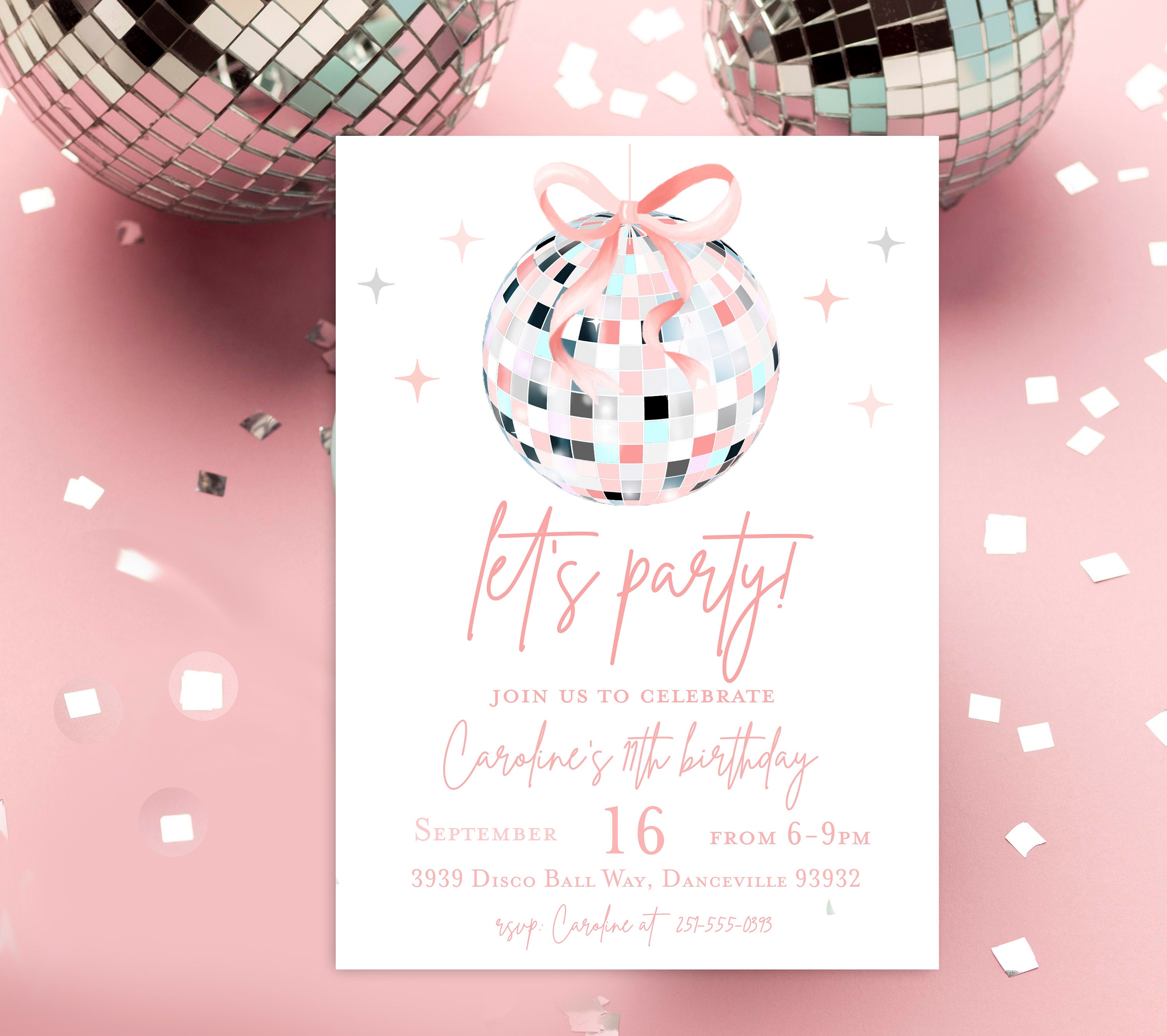 Disco ball birthday invitation, Mirrorball Music Dance birthday party invitation, Girl discoball invitation, karaoke coquette birthday