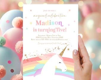 May include: A white unicorn with a gold horn and a rainbow mane and tail. The unicorn is standing in front of a rainbow with a gold glitter background. The text on the invitation reads "Join us for a magical celebration Madison is turning five! Saturday, March 5th at 5pm 9394 Unicorn Way, Univille 9392 RSVP: Kim at 555-9931 or unicorn@email.com. Bring your smiles and a towel."