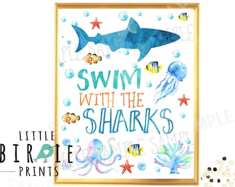 SHARK Party Schild Meerjungfrau und Hai Geburtstagsfeier Schwimmen mit den Haien Schild Geburtstag Party Schild Unter dem Meer Pool Party
