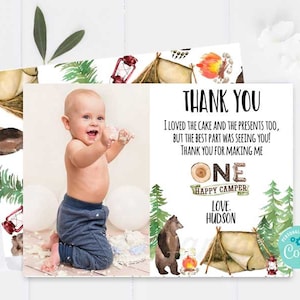 Editable ONE HAPPY CAMPER thank you card with photo Camping first birthday bear lumberjack birthday party thank you printable instant