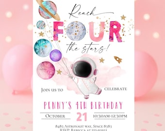 May include: A birthday invitation card featuring a watercolor astronaut floating with planet balloons. Text reads: Reach FOUR the stars! JOIN US TO CELEBRATE PENNY'S 4TH BIRTHDAY OCTOBER 21 10:30AM-12:30PM 8483 ASTRONAUT WAY, SPACE 8383 RSVP: REBECCA AT 555-93932.