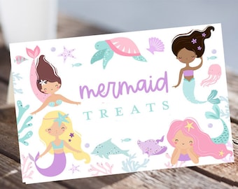 Mermaid buffet cards, Mermaid placecards tent cards, Oneder the sea birthday  In two the sea dive into five pool party food tent cards