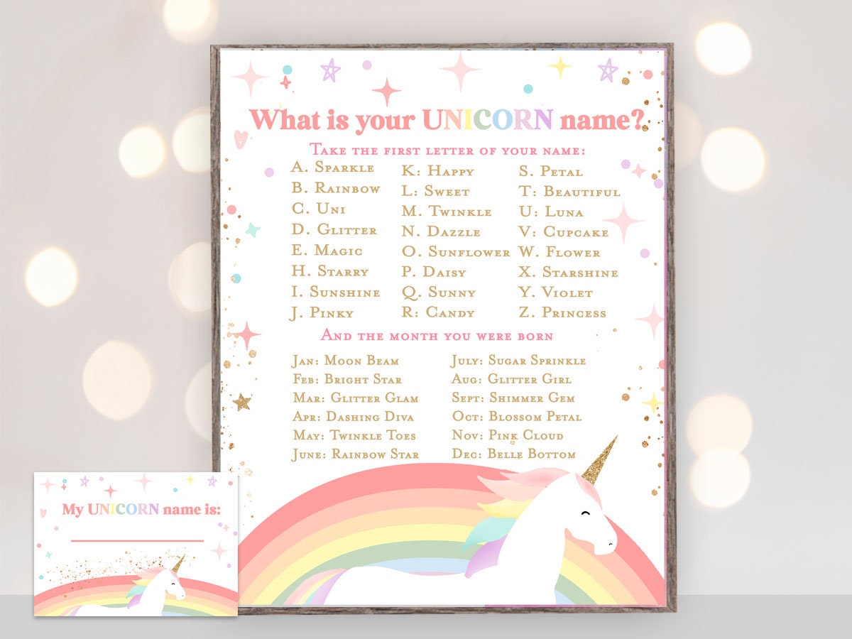 What’s My Unicorn Name Game, Unicorn Birthday Party Game Printable ...