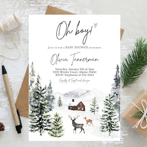 Boy winter baby shower invitation, Christmas tree baby shower invitation, Snow winter baby shower, Log cabin deer winter hunting, Oh boy