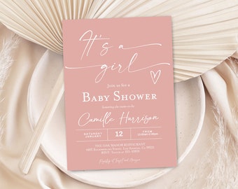 Girl Baby Shower Invitation Dusty pink blush Baby Shower Editable DIY Baby Shower Invitation, Minimalist Baby Shower, Instant download heart