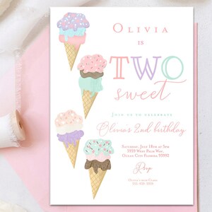 May include: A pink and white birthday invitation with a colorful ice cream cone design. The text reads "Olivia is Two Sweet" and includes details for a birthday party.