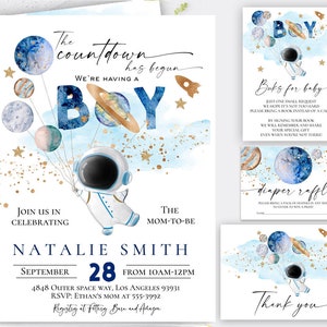 Astronaut Space Baby shower invitation, Outer space baby shower invitation planets balloons, The countdown has begun, Boy space baby shower