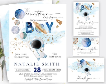 Astronaut Space Baby shower invitation, Outer space baby shower invitation planets balloons, The countdown has begun, Boy space baby shower