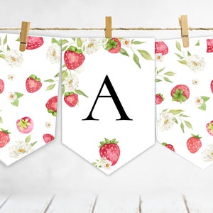 Printable Strawberry Banner Strawberry 1st birthday baby shower or birthday party banner ABC Berries Strawberries flowers watercolor bunting