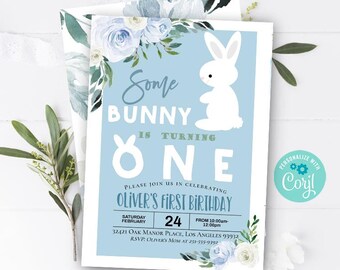 BOY SOME BUNNY is turning one invitation Blue Bunny First birthday Invitation Pink Watercolor flowers Bunny Instant access with Corjl Print