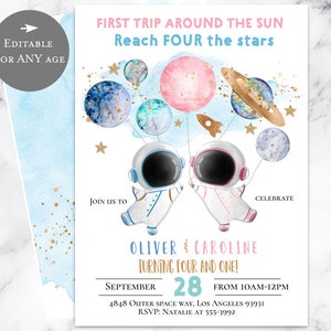 Invitación de fiesta de cumpleaños de astronauta editable para hermanos, fiesta dual, niño, niña, hermanos, cualquier edad, uno, dos, tres, cuatro, espacio, fiesta de cumpleaños, gemelos
