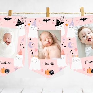 Spooky one monthly photo banner pink girl, Halloween first birthday party decorations Pink Ghost party spooktacular celebration, pumpkins