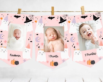 Spooky one monthly photo banner pink girl, Halloween first birthday party decorations Pink Ghost party spooktacular celebration, pumpkins