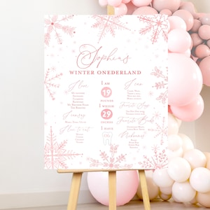 Girl Winter Onederland milestone poster, Pink first birthday snowflake stats firsts board, Pastel pink snow first birthday girl 1st birthday