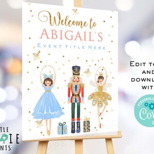 Nutcracker birthday party decorations Nutcracker Welcome sign Sugar plum fairy Winter birthday party Welcome poster name Printable Corjl
