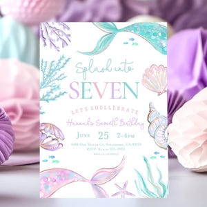 Mermaid 7th birthday party invitation splash into seven, Pastel mermaid tail invitation seventh birthday under the sea party girl seashells
