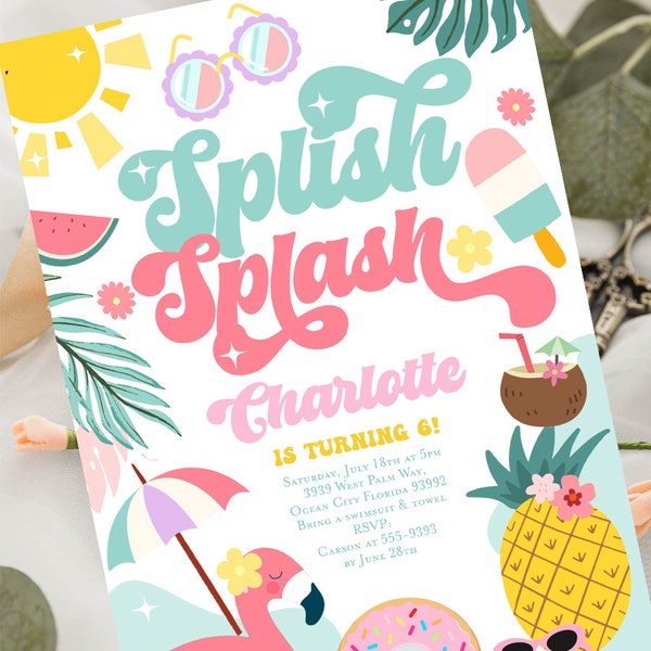 Pool party birthday invitation, Splish splash invitation, Summer splash pad water party, Ice cream watermelon tropical invitation, Girl