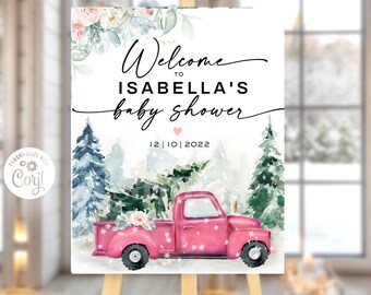 Winter Baby shower welcome sign Pink Truck, Winter baby shower decorations Girl baby shower Baby it's cold outside Christmas trees flowers