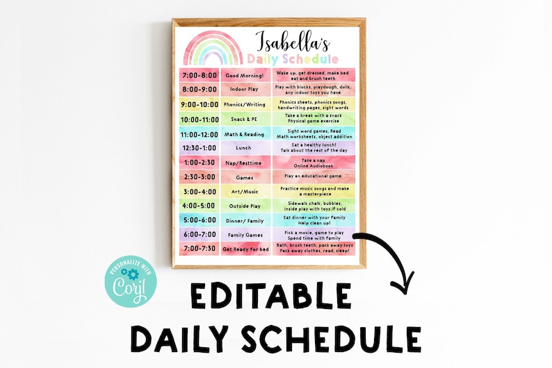 Editable Homeschool schedule Rainbow School Schedule for kids Daily Schedule Editable Printable Chore chart, Daily Planner, Instant download image 1