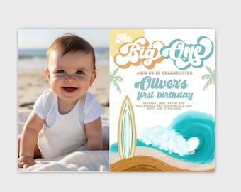 THE BIG ONE invitation, Surf first birthday invitation, Surfboard Retro invitation 1st birthday, Ocean surfboard surfing 70's beach party