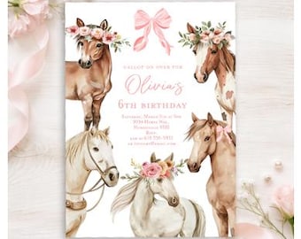 Horse birthday party invitation, Girl horse invitation Farm Equestrian birthday party invite Saddle Bow Flowers, Pony party invitation,