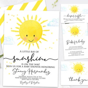 Editable SUNSHINE baby shower invitation You are my sunshine baby shower Yellow baby shower Summer Sunshine diaper raffle thank you books
