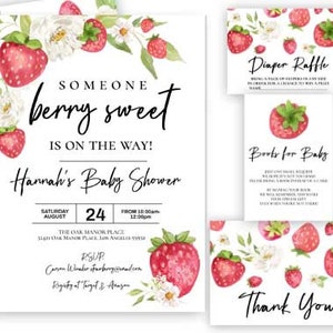 Strawberry baby shower invitation, Berry sweet baby shower invitation, Strawberry diaper raffle books for baby library and thank you set