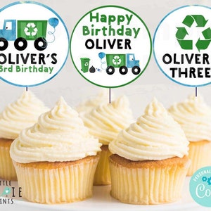 Garbage Truck Cupcake Toppers, Garbage Truck birthday party, trash truck, recycle truck dump truck birthday party decorations boy birthday