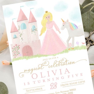 Princess Birthday Invitation, Unicorn Princess Girl Birthday Party Invite Printable Invitation, Castle Magical, Editable Invitation Template