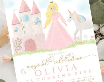 May include: A pink and white castle with a blonde princess and a unicorn with a rainbow mane. The text on the invitation reads "Join us for a magical celebration Olivia is turning five September 28 from 10am-12pm 4848 Castle Street, Los Angeles 93931 RSVP: Ethan's mom at 555-3992"