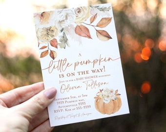 Fall baby shower invitation little pumpkin baby shower invitation Pumpkin baby shower invitation Autumn leaves flowers boy or girl neutral