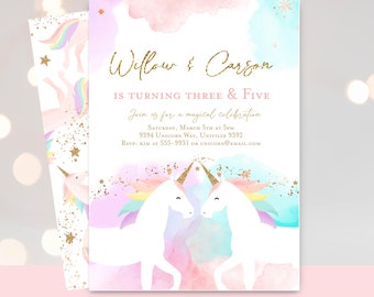 Unicorn invitation, Unicorn birthday party invitation template, Girls Twins Siblings Dual invitation, Minimalist Modern invitation rainbow