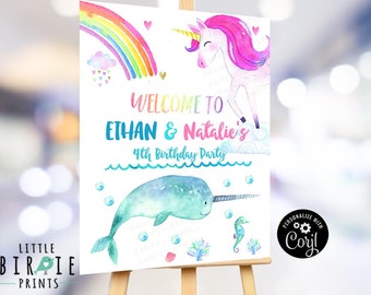 Unicorn Narwhal birthday party welcome sign Unicorns and Narwhals birthday decorations Editable on Corjl instant download boy and girl