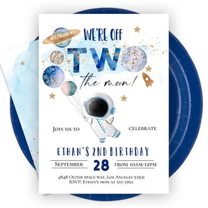 TWO THE MOON 2nd birthday invitation. Blue Astronaut outer space balloons invitation, planets second birthday invitation galaxy